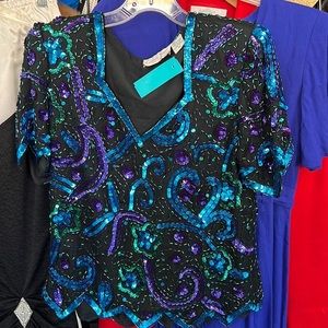 Vtg Laurence Kazer Sequin Top Blouse Multicolor Women’s Silk Shark Bite Hem PM